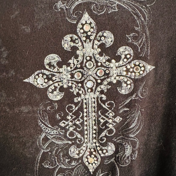 Y2K VOCAL Black Tee T Shirt with Embellished Cross on Front and Back Size Sm/M - Picture 2 of 5